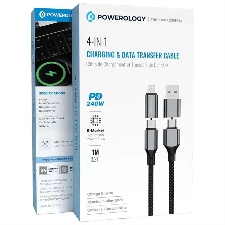 Produktbild Powerology PD 240w 4-1 Kabel 1M magnetisch USB-C-Lightning-USB-A - Schwarz (1 m, USB 2.0, 240 W)