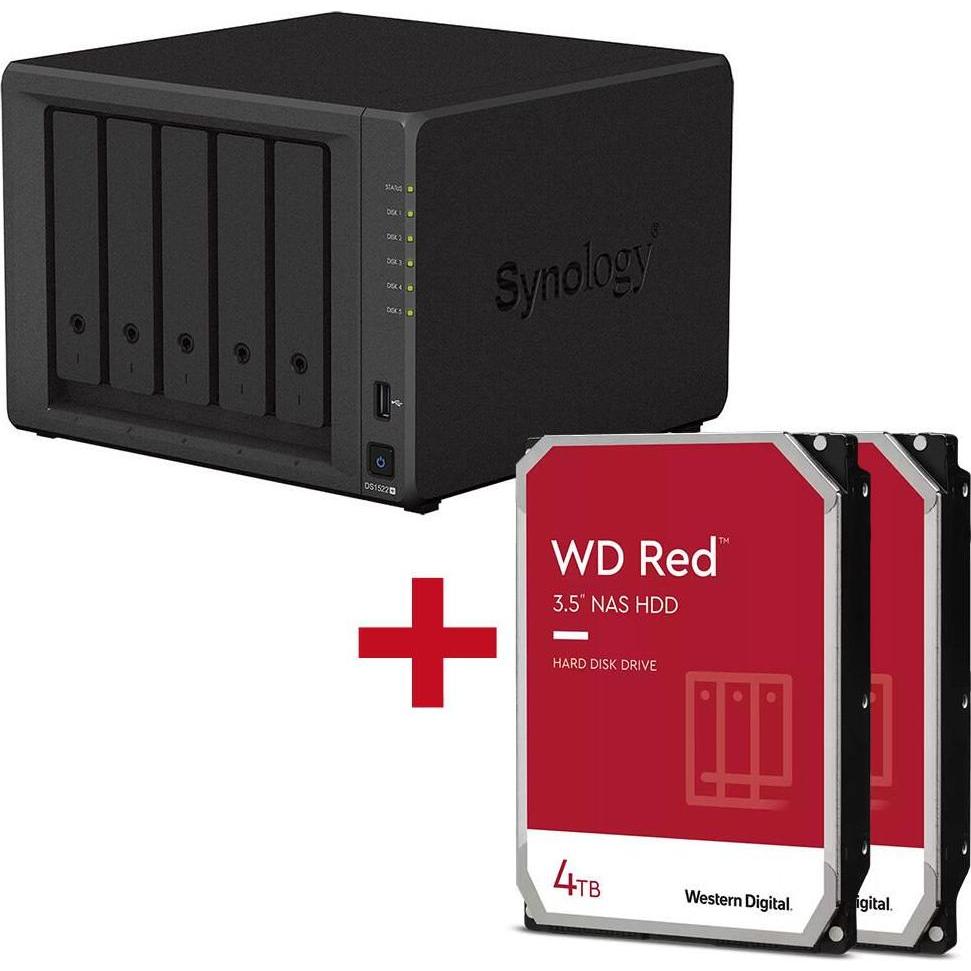 Synology DiskStation DS1522+ 5 Einschübe NAS-Server Leergehäuse + 2x WD Red SATA 3.5"" HDD 4TB Festp