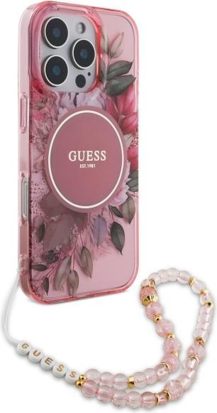 Produktbild Guess GUHMP16LHFWBRCESP iPhone 16 Pro 6.3" różowy/pink hardcase IML Flowers With Pearl Strap MagSafe (Apple iPhone 16 Pro)