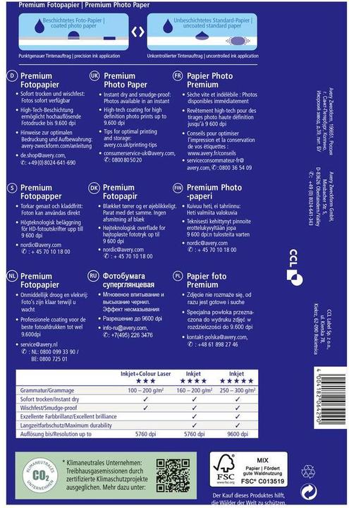 Produktbild Avery Premium Inkjet Fotopapier (250 g/m², 13 x 18 cm, 13x18cm, 50 Stk.)