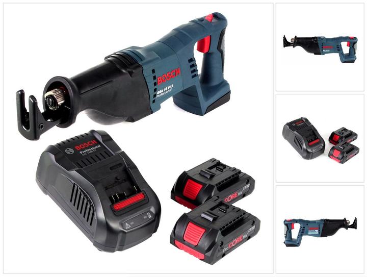 1x Bosch GSA 18 V-Li N Professional 18 Volt Akku Säbelsäge, 2x Bosch GBA 18 V 4,0 Ah ProCore Akku, 1x Bosch GAL 1880 Schnellladegerät für Li-Ion Akkus