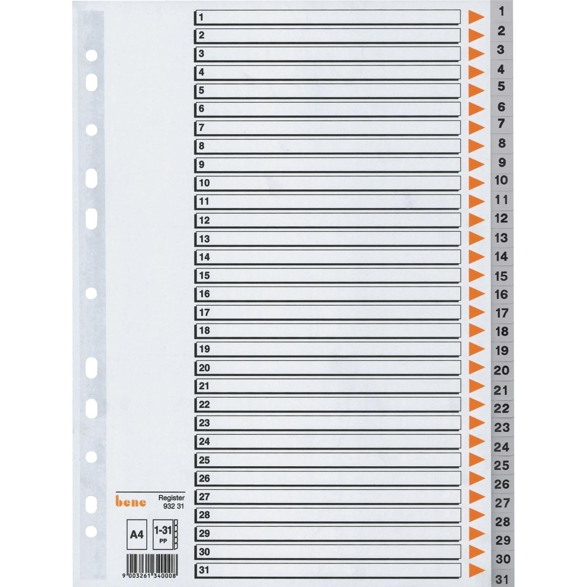 Bene, Ordner Zubehör, Ordnerregister Vollformat 1-31 grau 31-teilig, 1 Satz