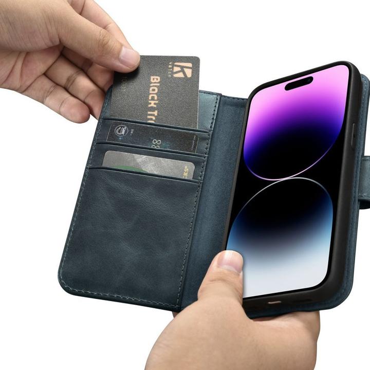 Actual product image iCarer oil Wax wallet case 2 in1 cover iPhone 14 Pro max. leather reverse cover anti-RFID blue (WMI1 (Apple iPhone 14 Pro Max)