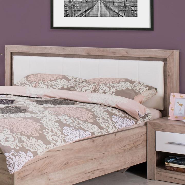 Produktbild Floki24 Doppelbett Holzbett Polsterbett Ehebett Bettrahmen mit Lattenrost Eiche Grau Kunstleder - Weiss, 160 (160 x 200 cm)