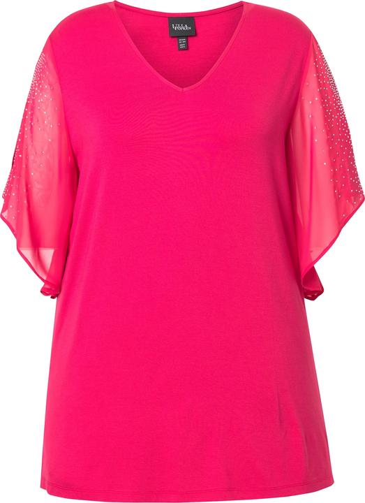 Immagine prodotto Ulla Popken T-shirt dal taglio svasato con brillantini, scollo a V e maniche a 3/4 in chiffon (46, 48)