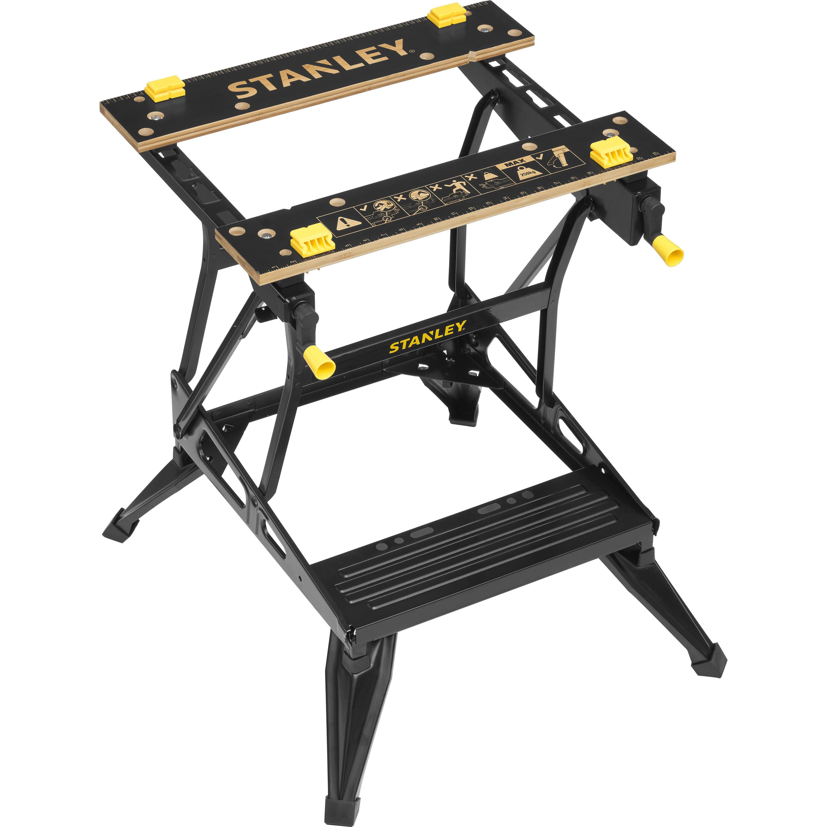 Stanley, Werkbank + Arbeitsbock, Workmate mit Bambus-Arbeitsplatte und dualer Arbeitshöhe, belastbar bis 250kg (50.50 cm...