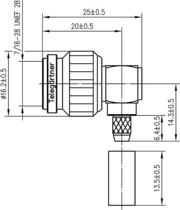 Immagine prodotto Telegärtner Connettore angolare TNC a crimpare G05 50 Ohm, a saldare/crimpare, A0505, G05 (RG-223/U), RG-142 (Presa d'antenna)