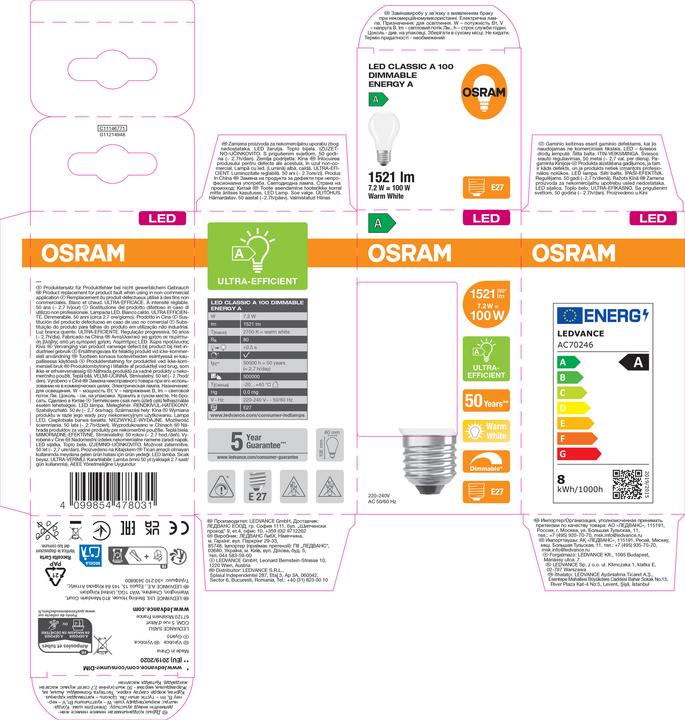 Immagine prodotto Osram LED-Lampe Classic, dimmbar, E27, 7,2 W, 2700 K, EEK: A, 1521 lm, IP20, warmweiss (E27, 7.20 W, 1521 lm, 1 x, A)