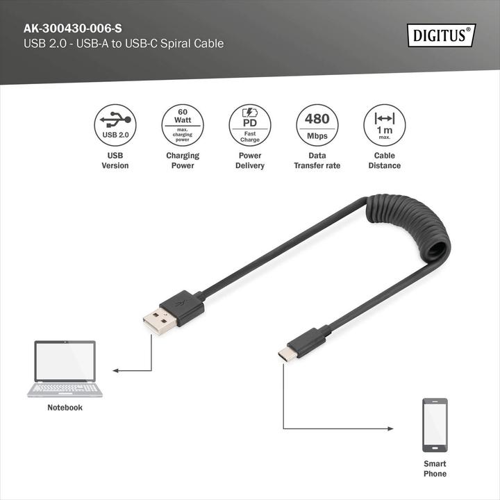 Produktbild Digitus USB A — USB C (0.32 m, USB 2.0, 60 W)