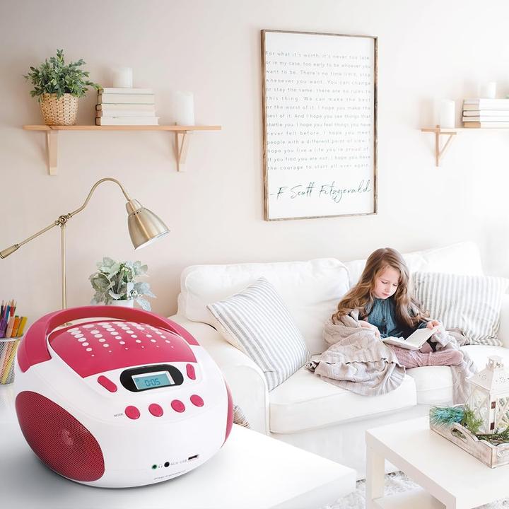Actual product image Metronic Childrens CD Player MP3 Pop Pink with USB Port Power Supply or Batteries White and Pink