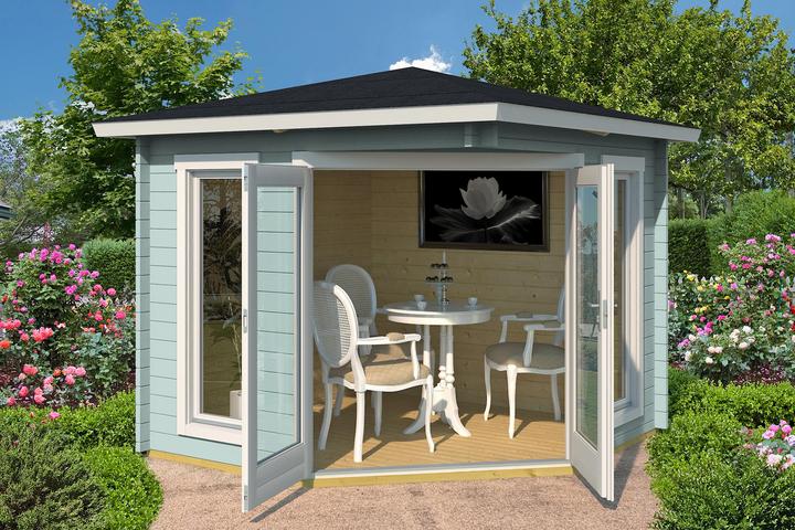 Actual product image Weka Holzbau 5-corner summer house 408, turquoise/white, 40 mm, DT, 2 long FE