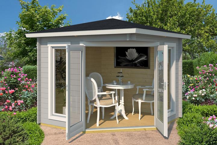 Actual product image Weka Holzbau 5-corner summer house 408, light grey/white, 40 mm, DT, 2 long FE