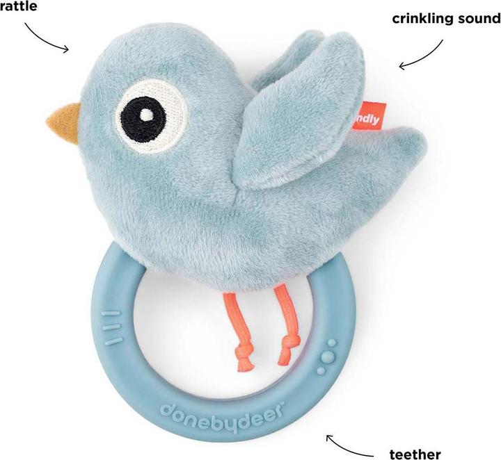 Actual product image Done by Deer Birdee blue rattle with teething ring