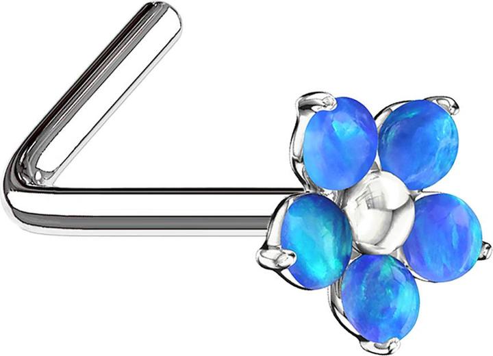 Produktbild Star Piercing Nasenstecker gewinkelt silber Opal Blume blau (Messing, Chirurgenstahl 316L)