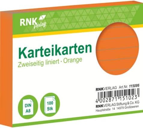 Produktbild Rnk Karteikarten orange, Ausführung: liniert, DIN A8 (170 g/m², 100 x)