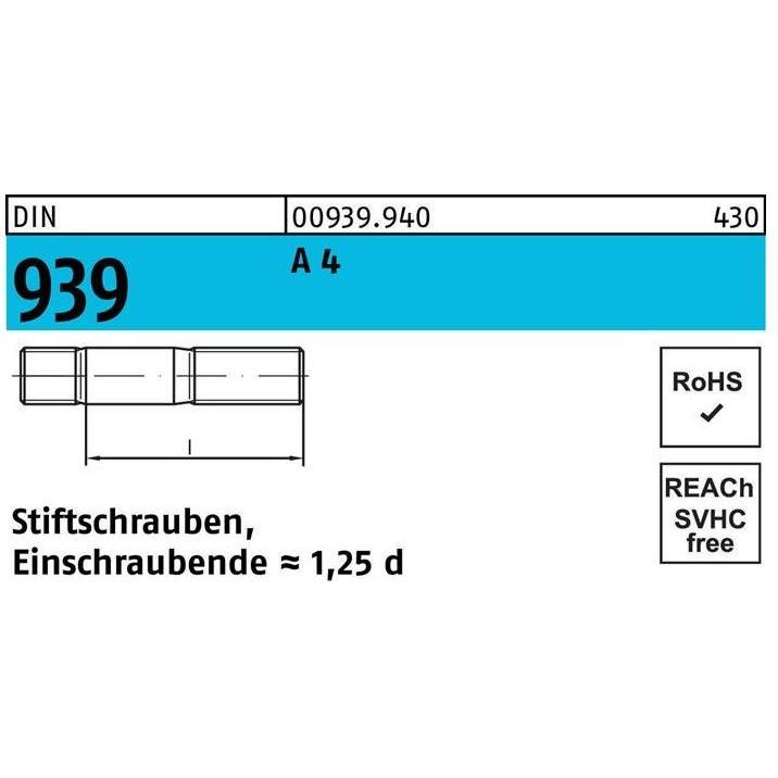 Schrauben, Stiftschraube DIN 939 M 8 x 70 A 4 Einschraubende=1,25d (25 Schrauben pro Stück)