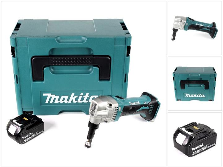 1x Makita DJN 161 18 V cordless nibbling shears, 1x Makita BL1840 B 4.0 Ah battery, 1x Makita Makpac size, 1x universal insert, without charger