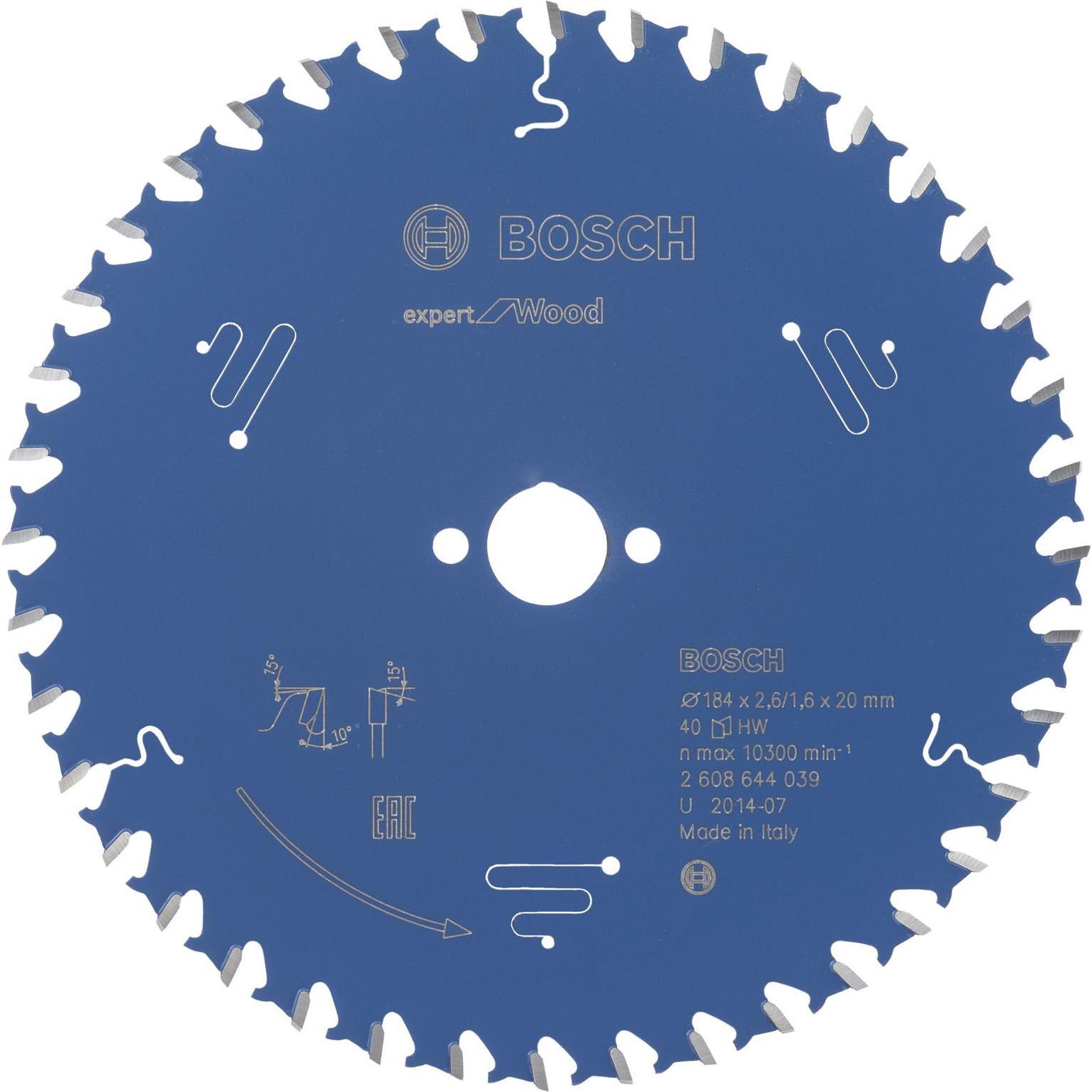 Bosch Professional Zubehör, Sägeblatt, Kreissägeblatt Expert for Wood, 184 x 20 x 2,6 mm, 40