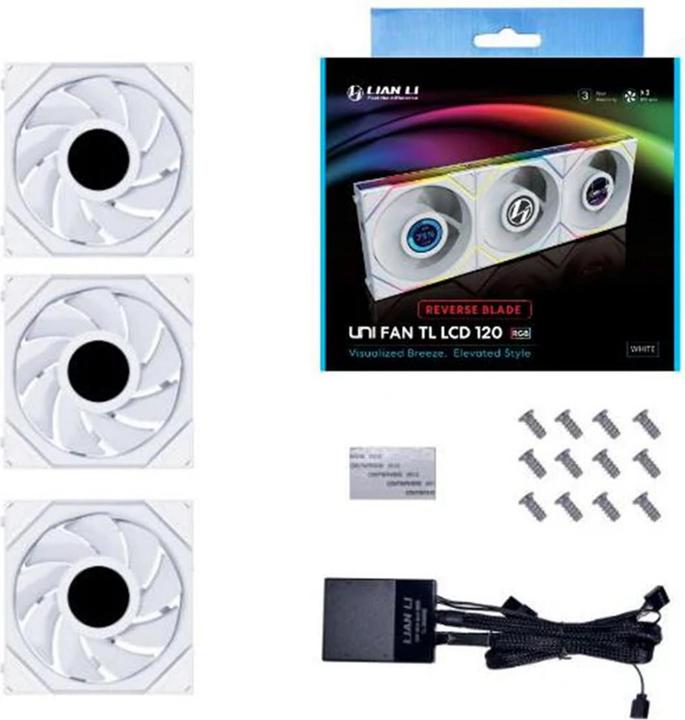 Produktbild Lian-Li UNI FAN TL LCD Series Reverse Blade Lüfter, 3er-Pack inkl. Controller - 120mm, weiss (120 mm, 3 x)