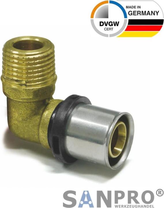 Actual product image Sanpro THPRESS Pressfitting 90° elbow - bend + external thread 16x2 - 1/2" (Press connection)