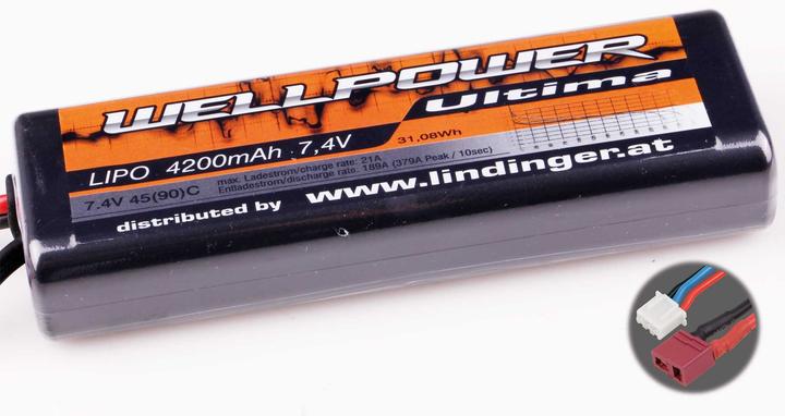 Actual product image Wellpower lipo battery ultima car 4200 mah / 7.4 volt 2s 45/90c ch5 with t-plug (7.40 V, 4200 mAh)