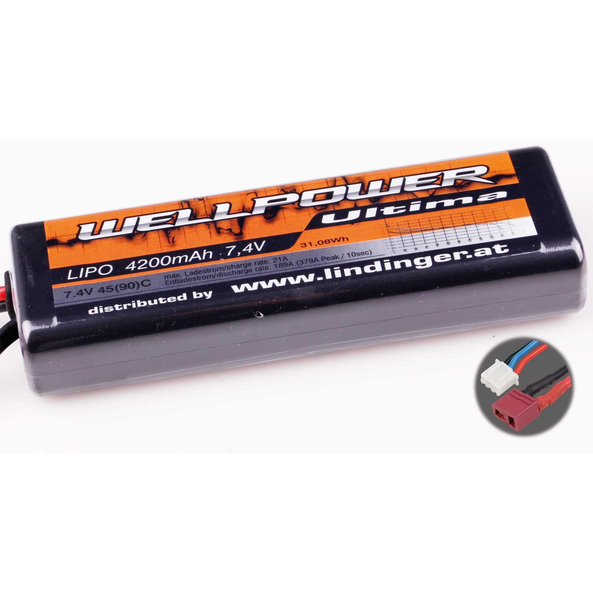 Thumbnail - Wellpower lipo akku ultima car 4200 mah / 7,4 volt 2s 45/90c ch5 mit t-stecker (7.40 V, 4200 mAh)