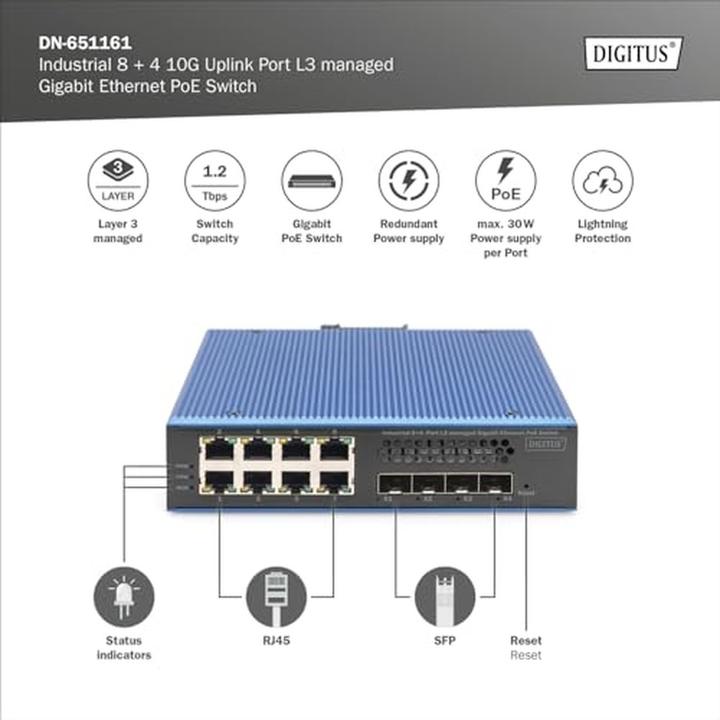 Actual product image Digitus Industrial 8 + 4 10G Uplink Port L3 managed Gigabit Ethernet PoE Switch (12 Ports)