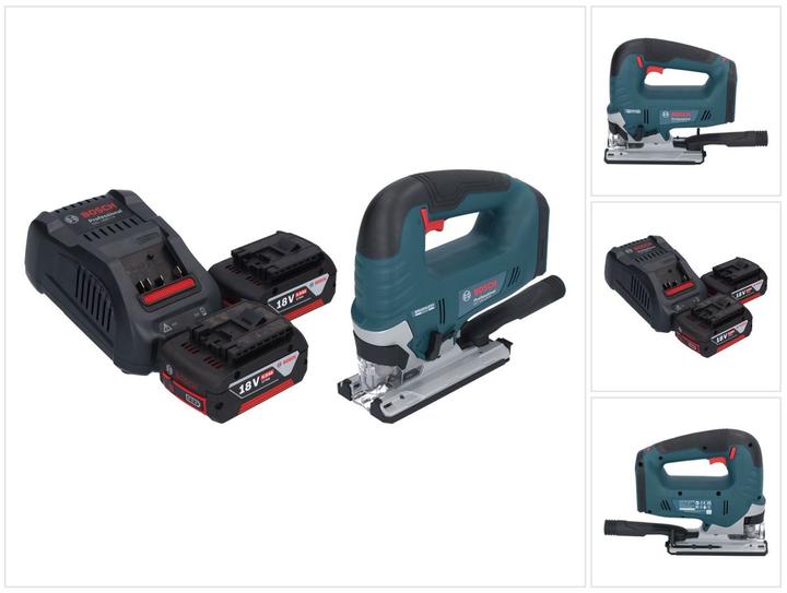 5,0 Ah, Batterie Li-Ion 5000 mAh, 1 chargeur rapide GAL 1880 CV Bosch, scie sauteuse, 1 x kit d'aspiration, 1 x lame de scie sauteuse T 144 D, Speed for Wood, 1 x protection anti-éclats, 2 x Bosch GBA 18 Volt