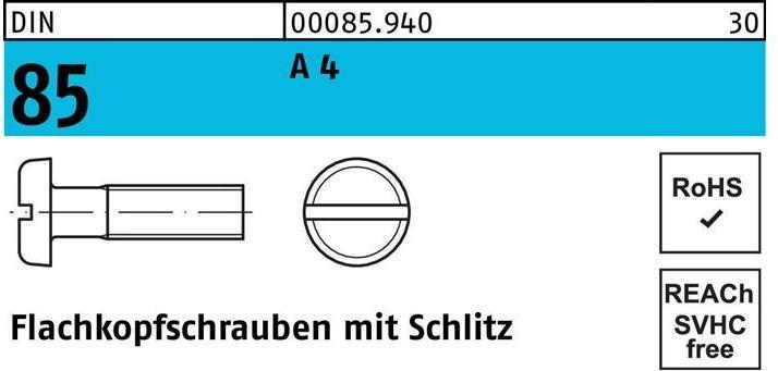 Produktbild Flachkopfschraube DIN 85/ISO 1580 Schlitz M 2,5 x 12 A 4 (1000 Schrauben pro Stück)