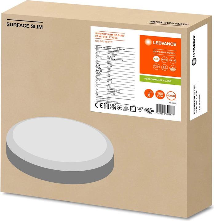 Productafbeelding Ledvance SURFACE SLIM wand-/plafondlamp IK10 rond 260 Sensor 26W 840 wit IP65 (2730 lm)
