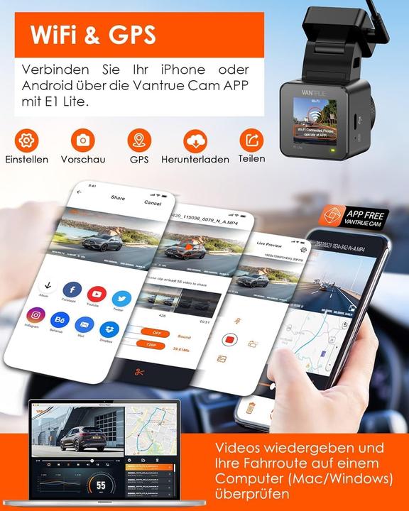 Immagine prodotto Vantrue Mini Dashcam E1 lite con controllo vocale e GPS (Ricevitore GPS, WiFi, Accumulatore di carica elettrica, Display integrato, Accelerometro, Visione notturna, Microfono incorporato, Controllo vocale, Full HD)