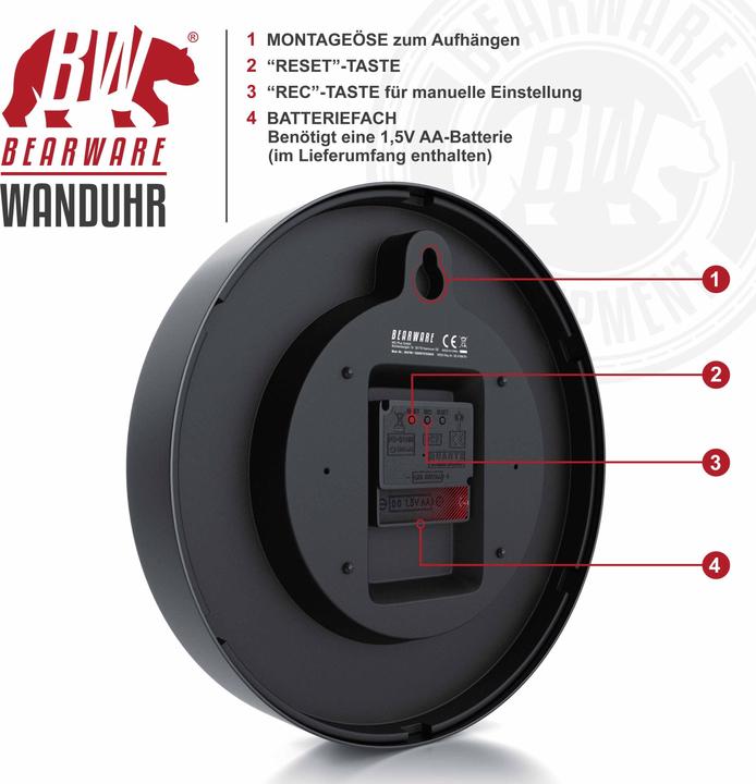 Actual product image Bearware Radio-controlled wall clock, round 24.8 cm diameter, analogue display, DCF signal, battery (24.80 cm)