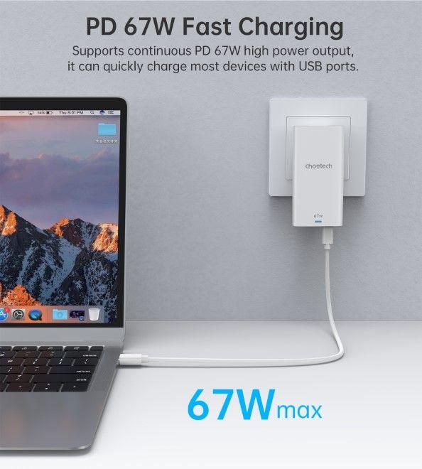Image du produit Choetech Chargeur rapide USB-C et USB-A GaN (65 W, 2 ports)