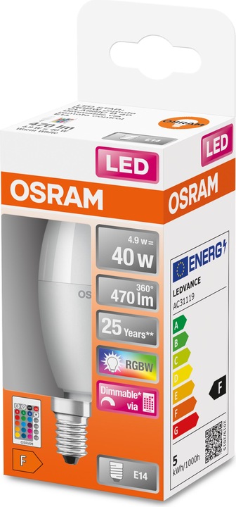 Produktbild Osram Led Retrofit Rgbw Lamps With Remote Control (E14, 40 W, 470 lm, 1 x, F)