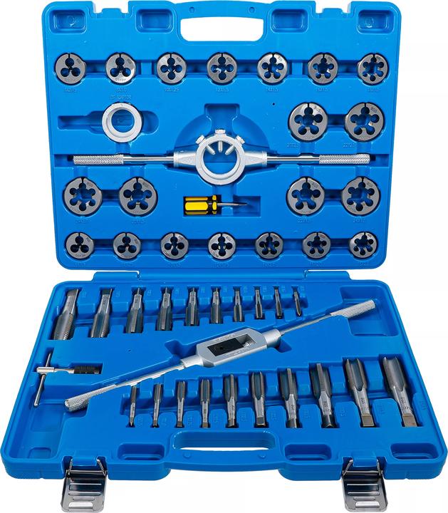 1 Adapter für Schneideisenhalter, 1 Verstellbares Windeisen, 1 Schraubendreher, 1 Gewindebohrerhalter, 1 Schneideisenhalter, Abtrieb Schlitz 6 mm, im Kunststoffkoffer, 1 Gewindebohrer für Innengewinde und 20 Schneideisen für Aussengewinde (1x je Grösse)