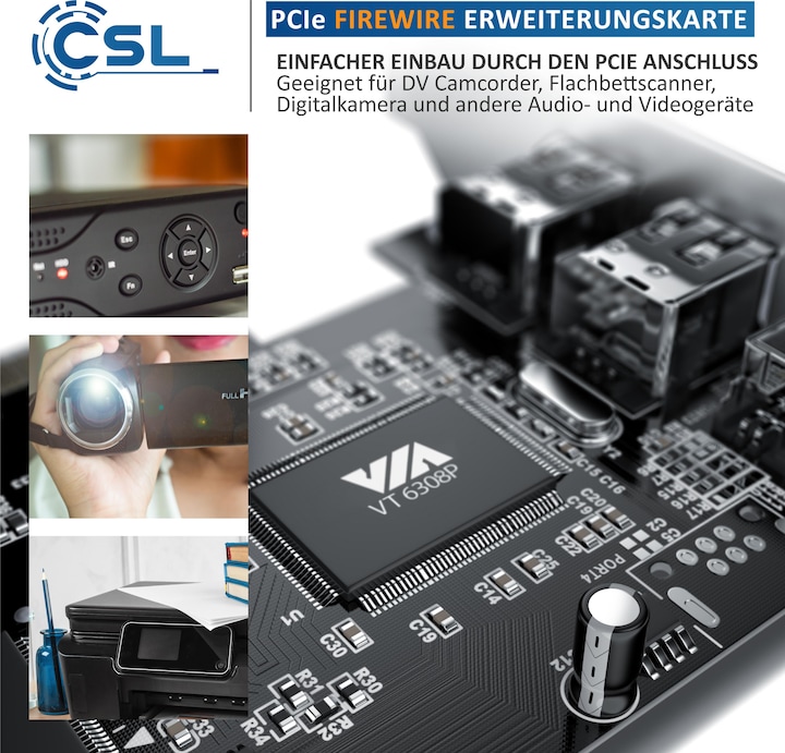Produktbild CSL PCI Firewire Karte, Erweiterungskarte, Netzwerk-Adapter, 1394a 1394b Controller Karte, 3x Anschlüsse