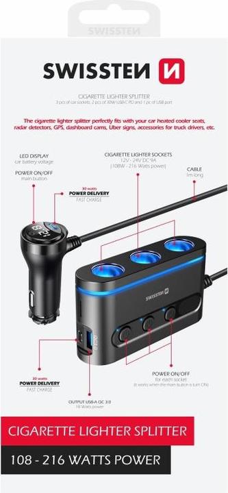 Produktbild Swissten Autoladegerät 2x USB-C PD / 1x USB-A QA 3.0 / 3x CL
