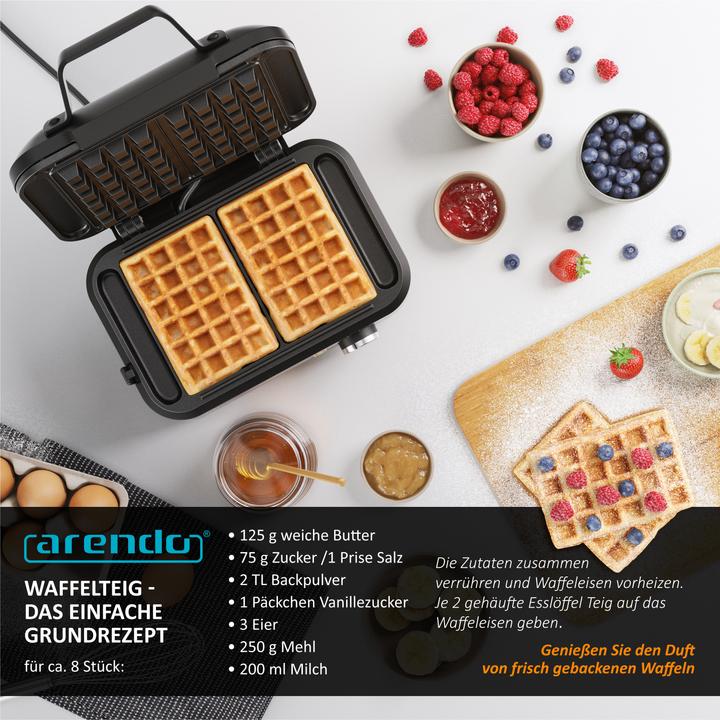 Produktbild Arendo Waffeleisen, Waffelautomat, 2 Waffeln à 12,6 cm, 1200 W, Antihaftbeschichtung, Belgische Waffeln