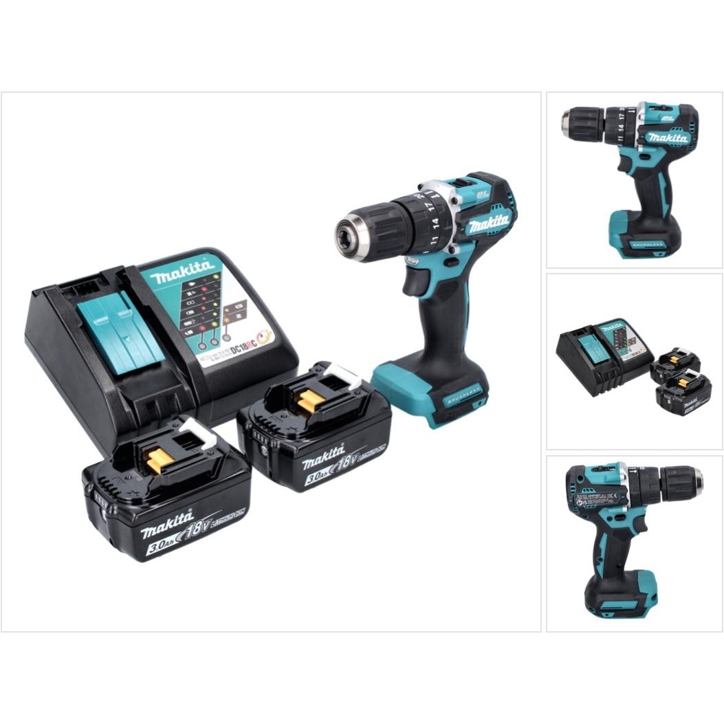Makita, Bohrmaschine + Akkuschrauber, DHP 487 RF Akku Schlagbohrschrauber 18 V 40 Nm Brushless + 2x Akku 3,0 Ah + Ladege...