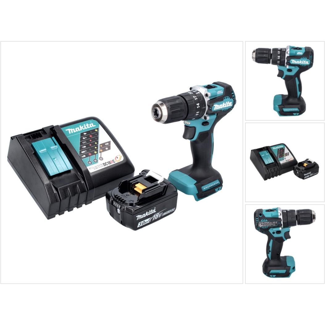 Makita, Bohrmaschine + Akkuschrauber, DHP 487 RF1 Akku Schlagbohrschrauber 18 V 40 Nm Brushless + 1x Akku 3,0 Ah + Ladeg...