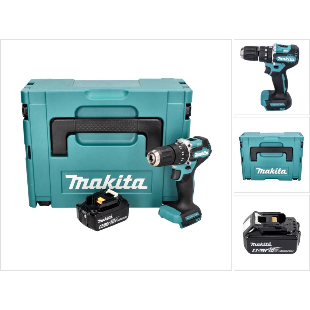 Thumbnail - Makita, Bohrmaschine + Akkuschrauber, DHP 487 G1J Akku Schlagbohrschrauber 18 V 40 Nm Brushless + 1x Akku 6,0 Ah + Makpa...