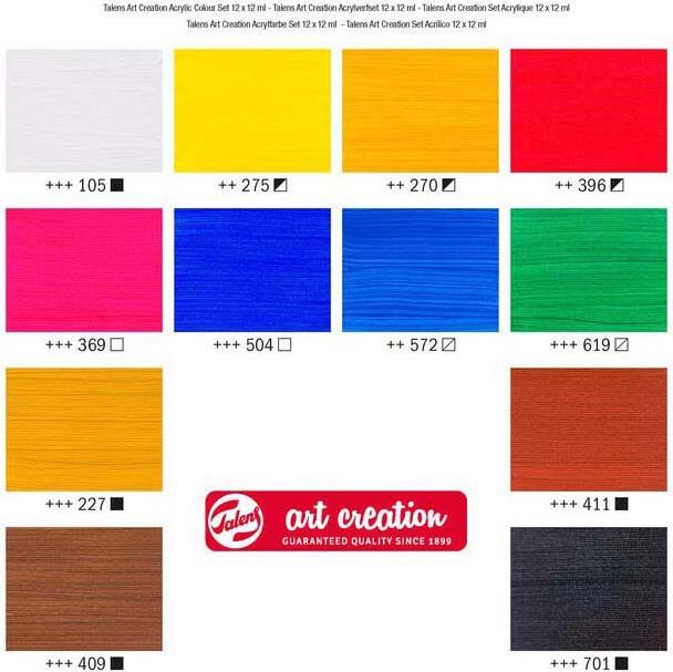 Actual product image Talens Acrylic paint set | 12 x 12 ml (Primary yellow, Ivory black, Primary Cyan, Burnt Sienna, Burnt umber, Yellow Ochre, Permanent green deep, primary magenta, Titanium White, Ultramarine, Naphthol Red Medium, Azo Yellow Deep, 12 ml)