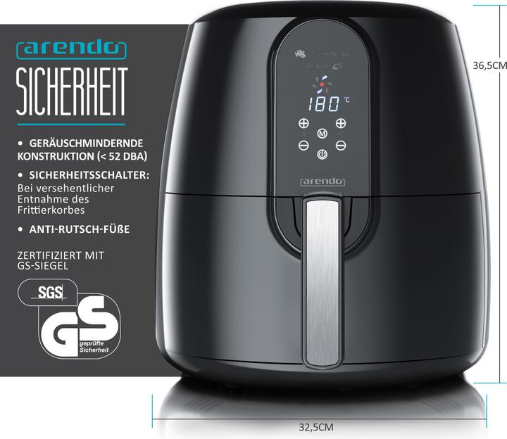 Arendo Heissluftfritteuse XXL Airfryer 5,2 L, bis 200 Grad, 3D Umluftsystem, Display, 1800 W, Fritteuse