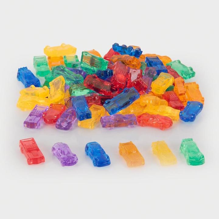 Actual product image TickiT Set with 72 colorful, translucent plastic car figures in a storage box