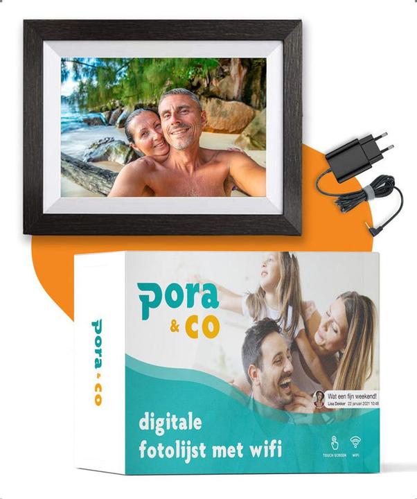 Produktbild fotolijst met WiFi en Frameo App Fotokader - 10 inch - Pora HD+ -IPS Display Zwart/Hout - Micro SD - (10.10", 1280 x 800 Pixel)