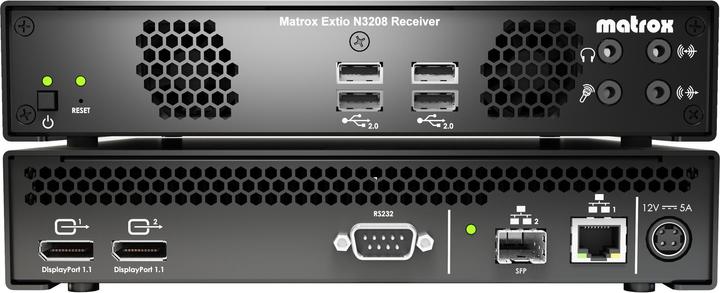 Actual product image Matrox Extio N3208 IP KVM receiver appliance Extio N3208 receiver appliance receives from a