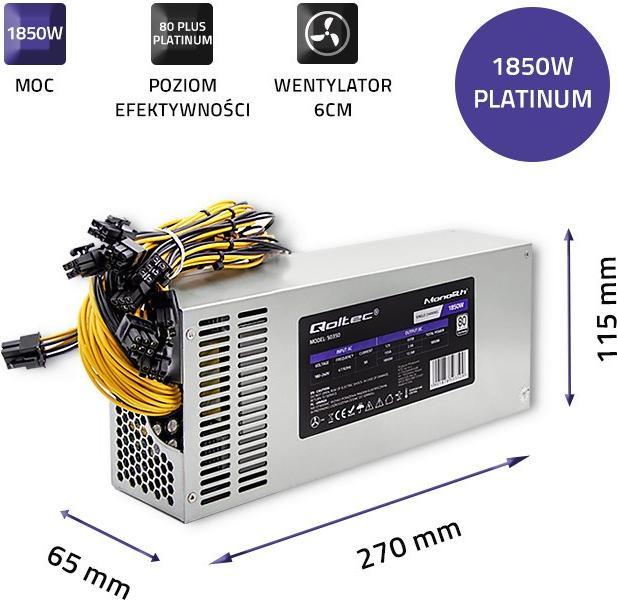 Actual product image Qoltec 50350 POWER SUPPLY 1850W PCI-E 80 Plus Platinum Gaming Miner (1850 W)