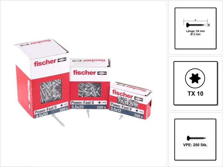 Immagine prodotto Fischer Power-Fast II FPF II Viti per legno 3,0x25 mm, 200 pz. ( 670059 ) Testa tonda, Torx (200 Viti per pezzo)