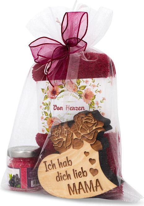 Produktbild ZNatur Geschenkset Zirben Holz Herz mit Gravur MAMA & Badesalz & Tuch No.28 (Körperpflegeset)