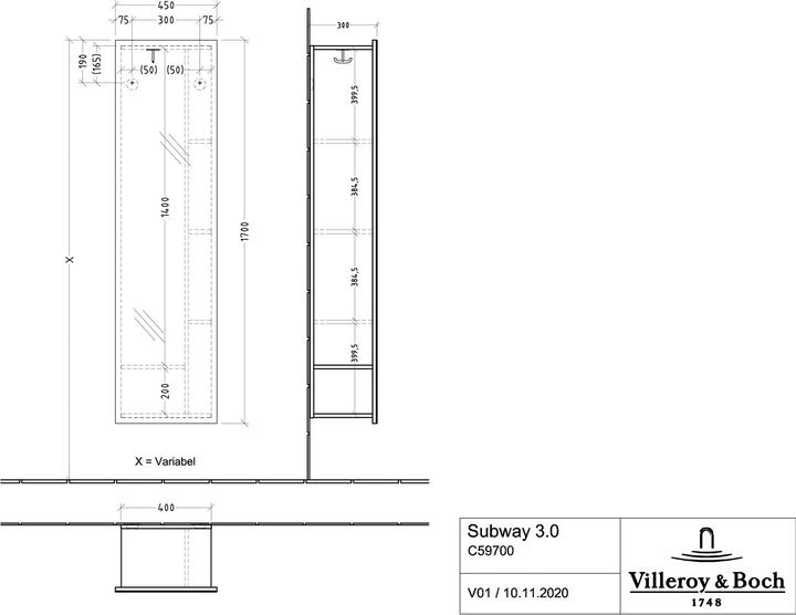 Actual product image Villeroy & Boch V&B Mirror Shelf SUBWAY 3.0 450x1700x300mm Shelf re Brilliant White